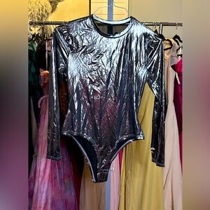 Metallic Silver Long Sleeve Bodysuit Small NWOT